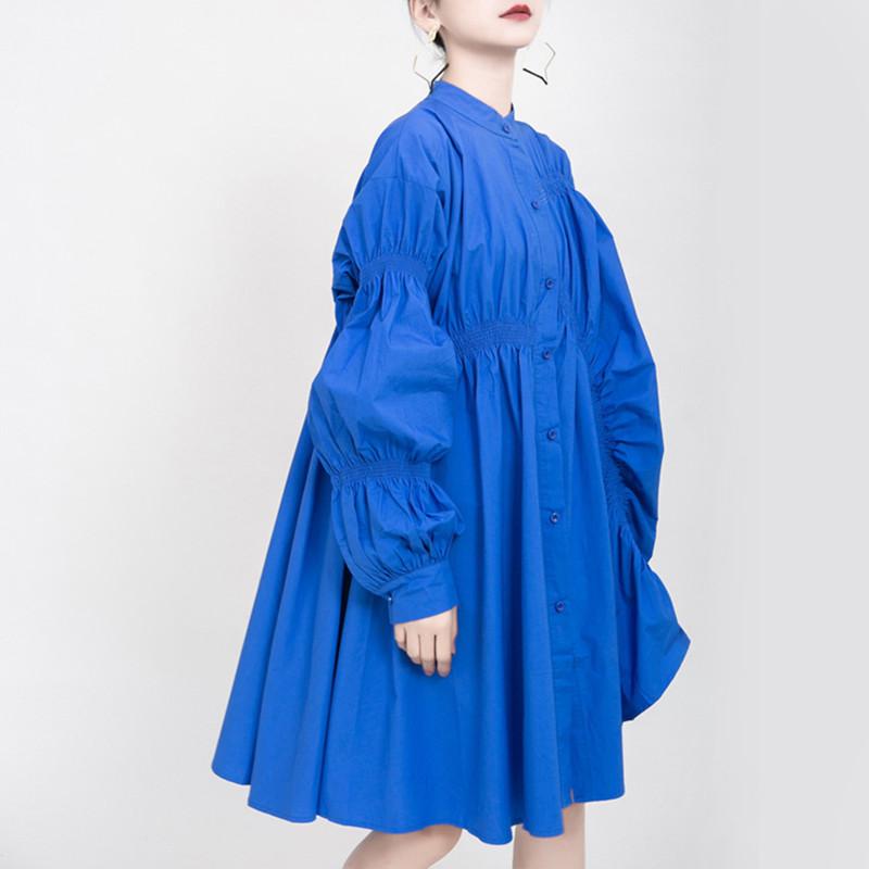 Johnature Fashion Streetwear Blue Pleated Loose Irregular Dresses Women Autumn O-neck Solid Color Dress