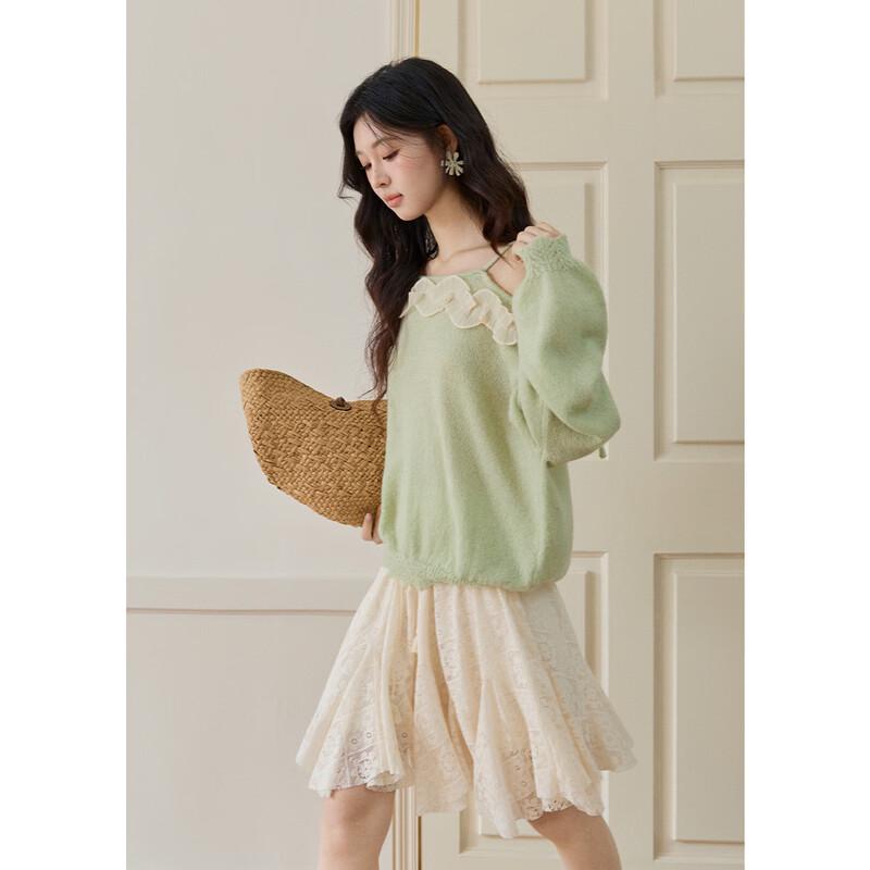 Women's Loose Off-Shoulder Knit Top with Contrast Lace Trim