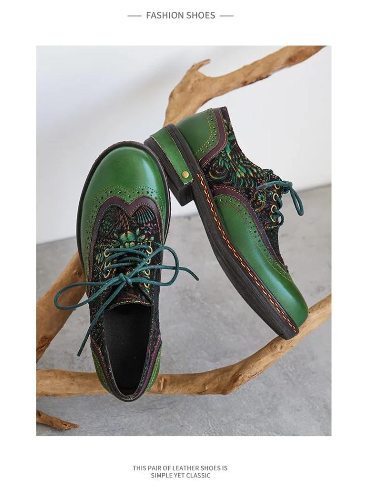 Johnature Pumps Women's Shoes Genuine Leather Lace-up Retro Round Toe Versatile Low Heels Shoes