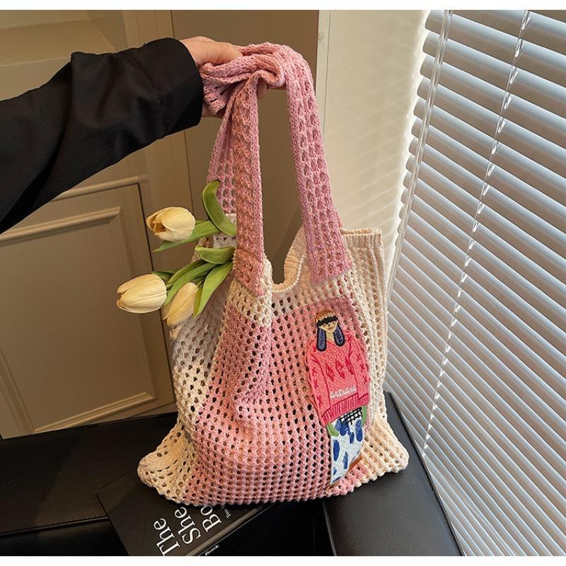 Fashion tote big bag spring new woven hollow mesh pocket casual cartoon fresh shoulder bag bag