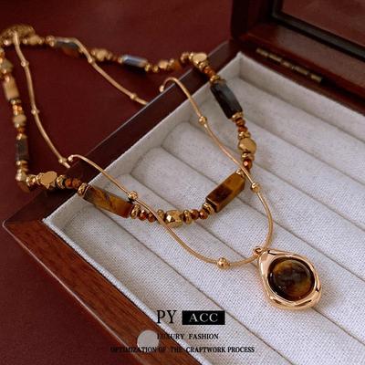Gold-Plated Tiger Eye Vintage Necklace by Meillard – Versatile Sweater Chain High-End Jewelry