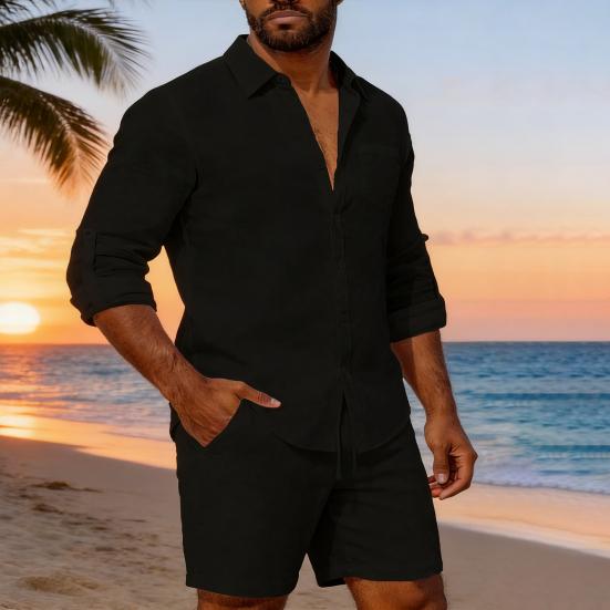 Men Long Sleeve Shirt Turndown Collar Button-Down Shirt Loose Fit Solid Color Shirt for Summer Beach Vacation Travel