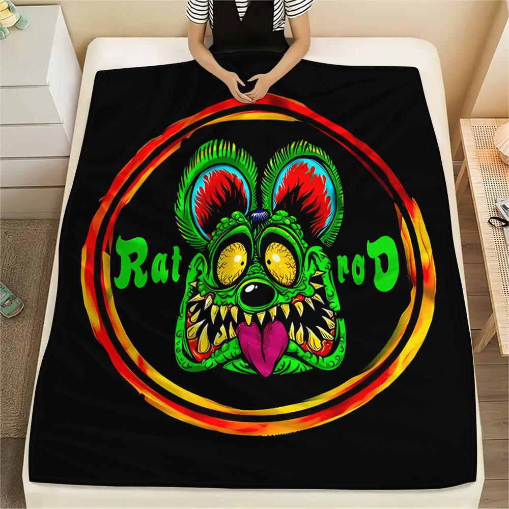 1PC Rat Fink Print Flannel Blanket, High Quality All Seasons, Home Decor, Warmth and Comfort, Perfect for Christmas Gifts