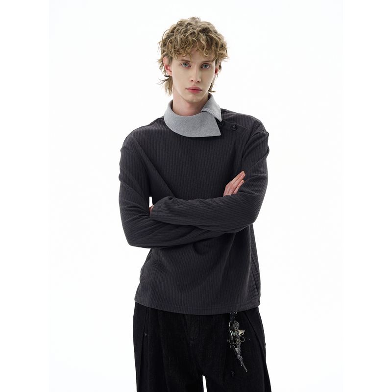 Kisko American-Style High-Fashion Textured Long-Sleeve T-Shirt with Diagonal Placket, Unisex Cleanfit Casual Base Shirt Trendy