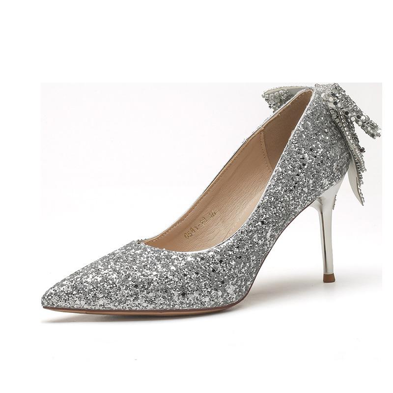 -B French crystal bow high heels socialite temperament banquet show he sequined bridal bridesmaid shoes