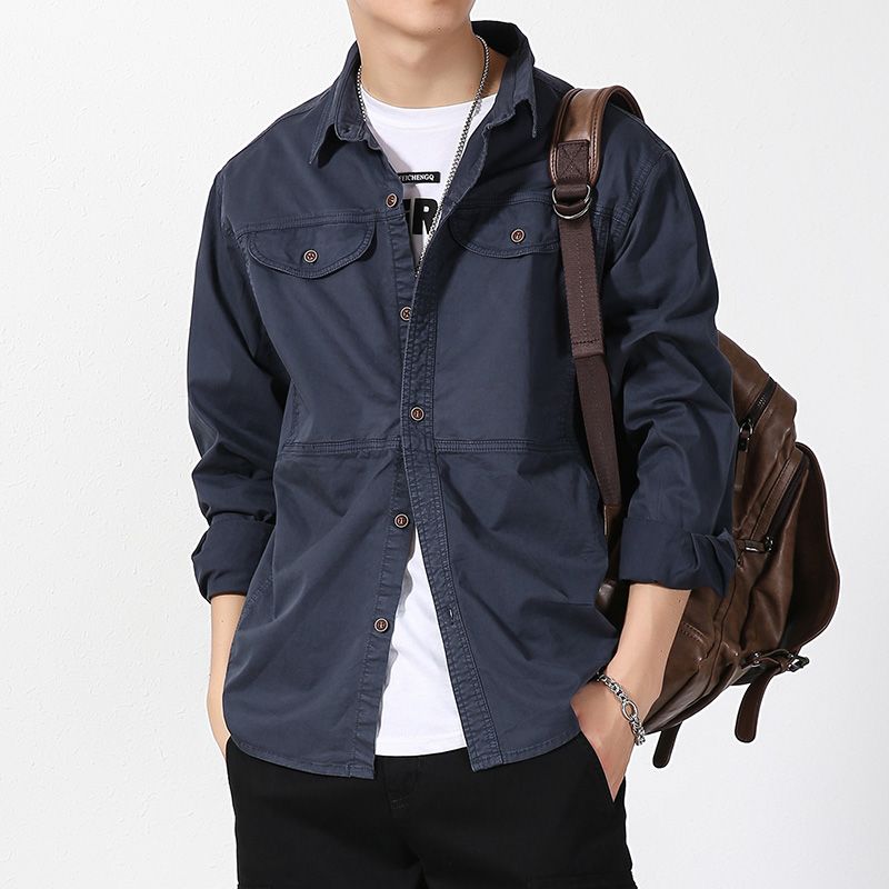 Men's Casual Long-Sleeved Shirt Trendy Brand Loose Fit Cotton Stretch Versatile Cargo Jacket Autumn Top