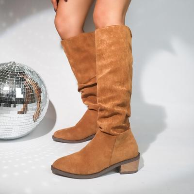 2024 Women's Shoes Knee-High Women's Boots Concise Modern Boots Women Pleated Pointed Toe Slip On Med Heel Plus Size Shoes Women