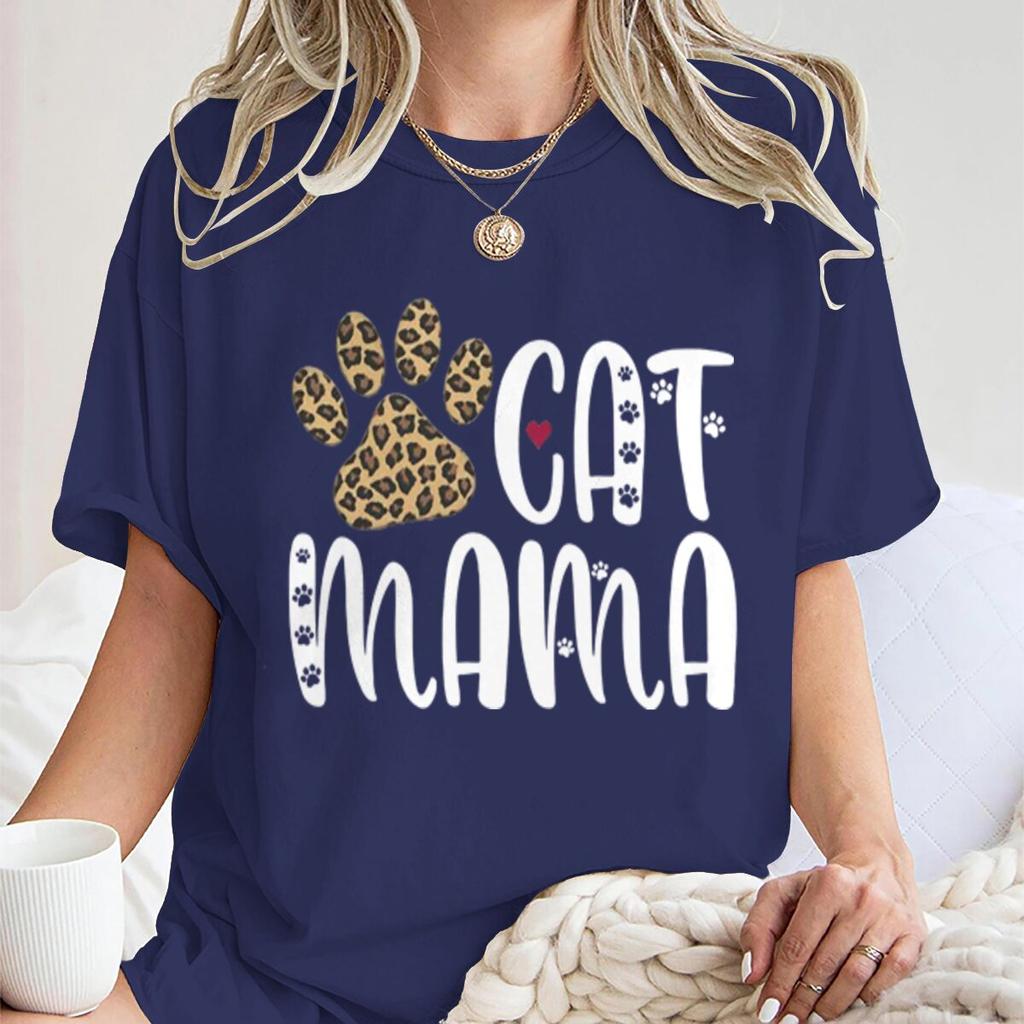 Cat Mama Vintage Cat Paw Printed T Shirts Women Casual Short Sleeve Tshirts Round Neck Tees For Animal Lover Gifts Female Tops