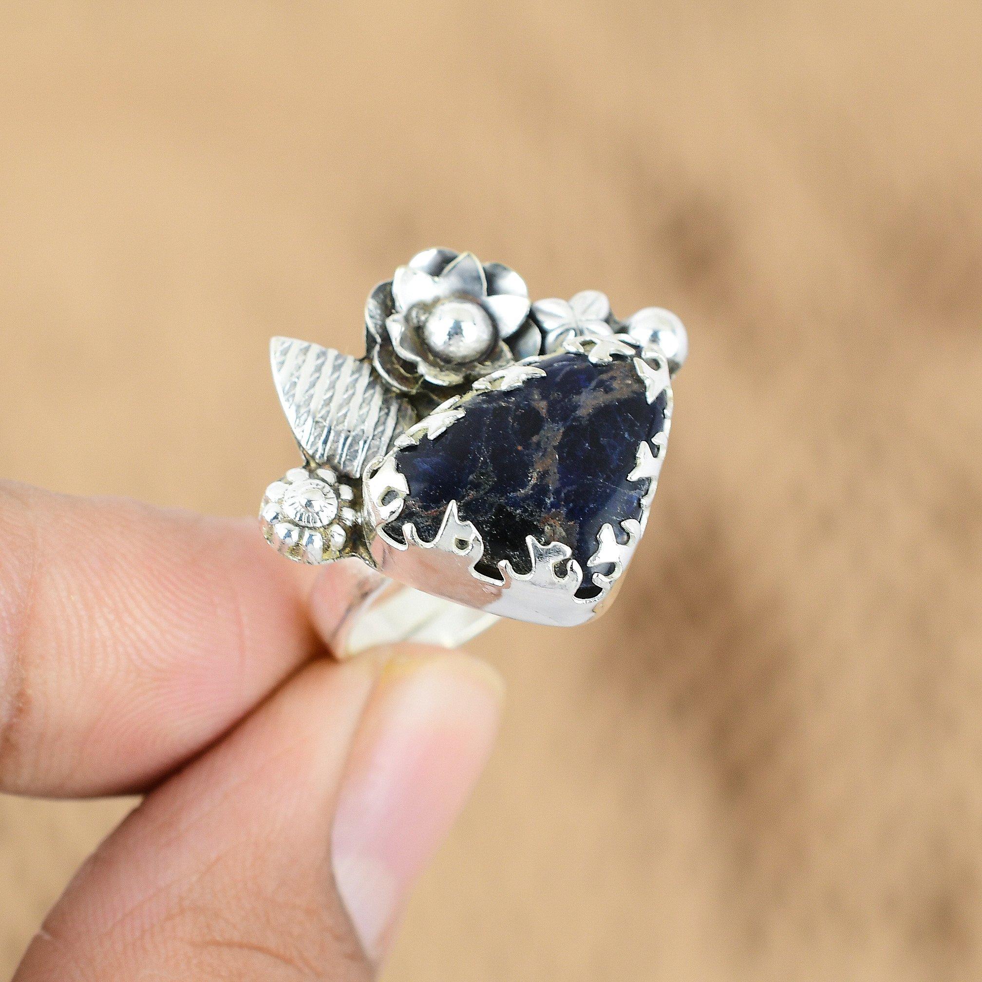 

Mothers day Sale Sodalite Stone Flower Statement Promise Wedding Ring 925 Silver Yes