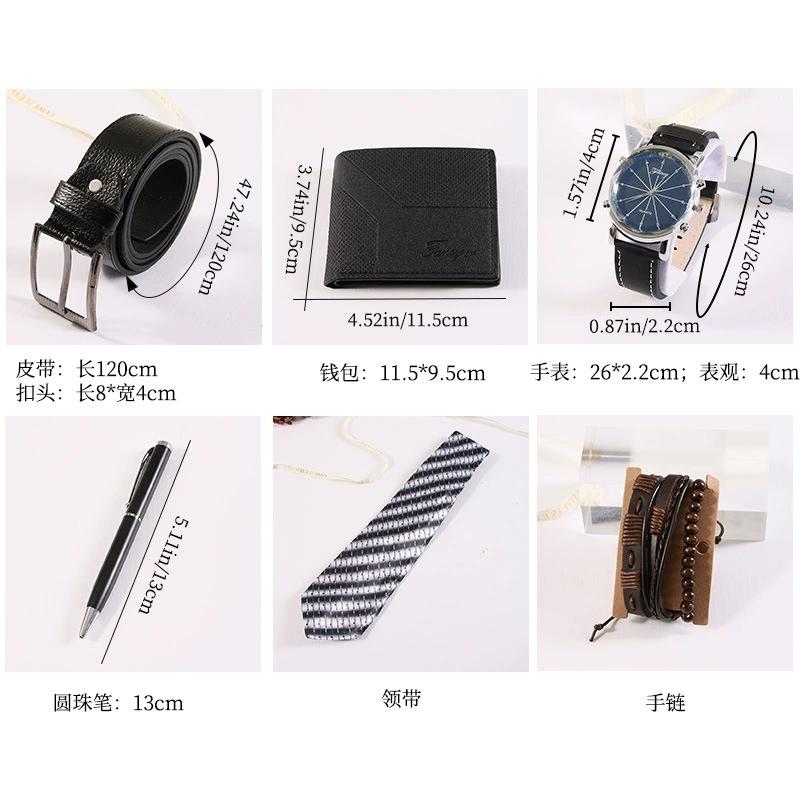 Fancy & Yc M2901 Low MOQ 1PCS Men Business Gifts Set 8-piece Quartz Watch, Belt, Wallet, Tie, Pen, Bracelet, Cuff Link, with Box