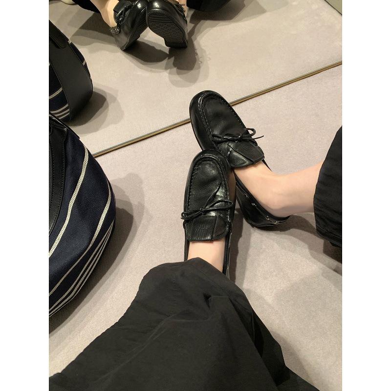 Sheepskin Version~ New Retro Bow Strap Flat Loafers Women's British Style One-pedal Versatile Small Leather Shoes