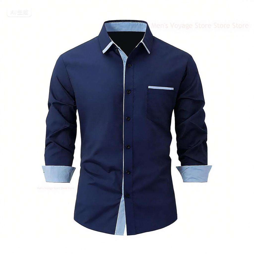 2026 Fashionable Men's Four-Way Stretch Men's Shirt Color Block Business Slim Long Sleeve High-End Shirt