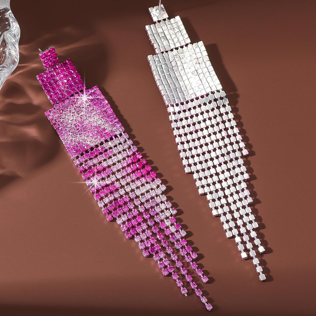 Color Diamond-Set Long Fringed Earrings, Heavy Industry Exaggerated Design Earrings, Fashion Earrings