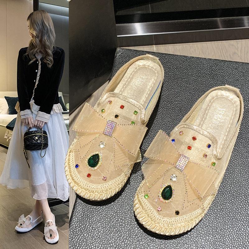 Fisherman Shoes Women's 2024 Spring and Summer Rhinestone Mesh Casual Women's Shoes Bow Loafers Comfortable Soft-soled Bag Head Slippers