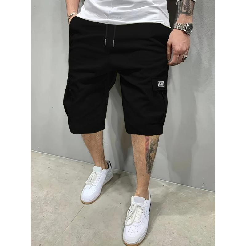 Men s Black Cargo Shorts Elastic Waist Drawstring Multi Pocket Knee Length Pants S чёрный