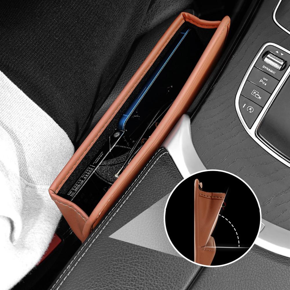 Car Console Side Seat Gap Filler Brown PU Leather Front Seat Organizer Universal