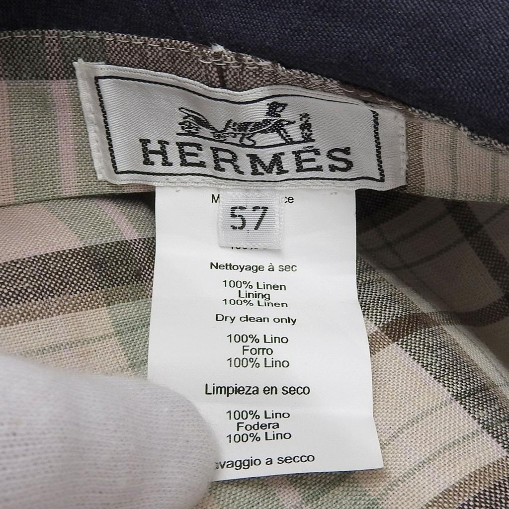 Great HERMES Casquette PAOLA Logo embroidery Check pattern lining Navy linen Women 57 Used