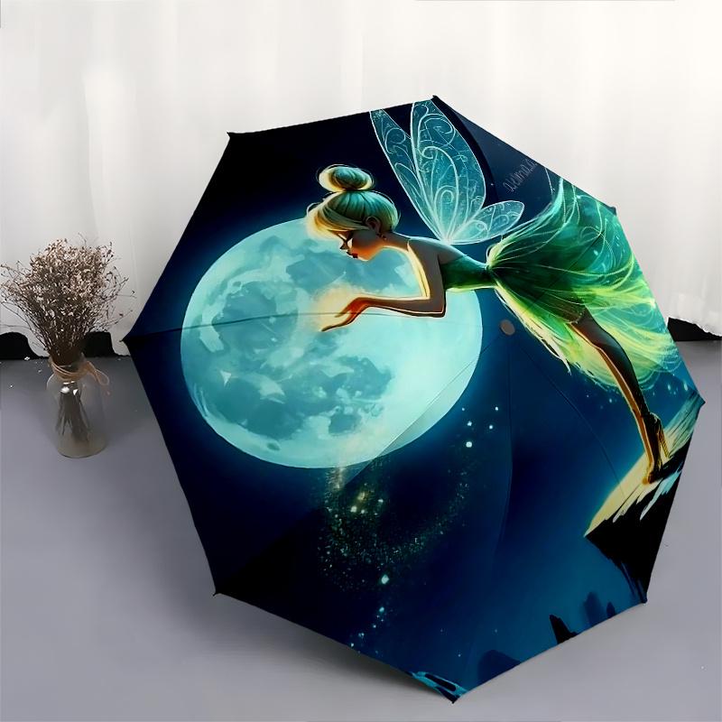 Disney Tinker Bell Moonlight Automatic Open/Close Umbrella - Cute Umbrella with Cute Design, Portable 3-Fold Compact Umbrella for Men & Wome