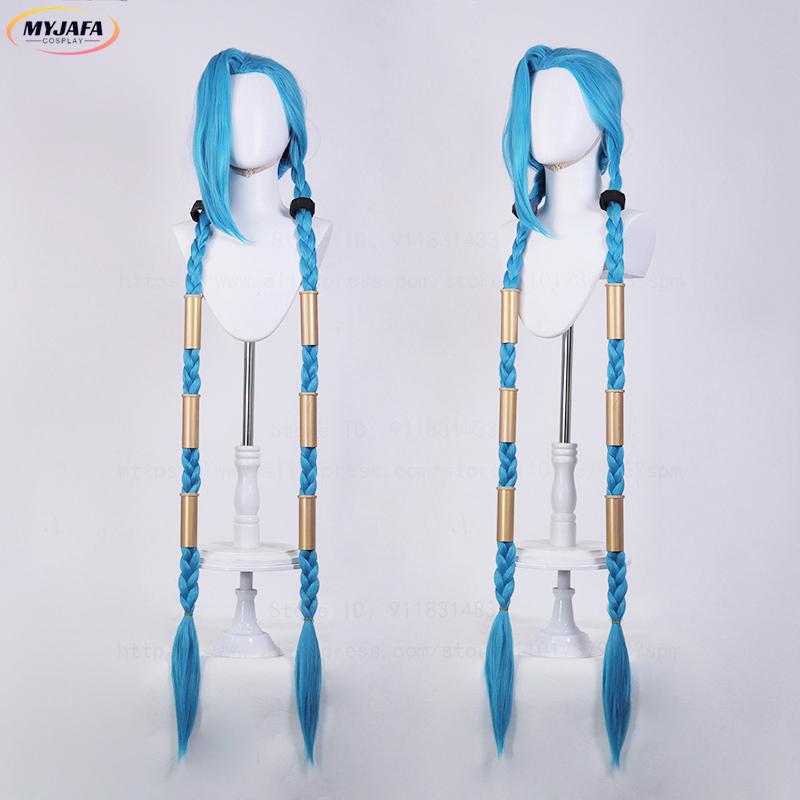 High Quality Jinx Cosplay Wig Long Braided Blue Braid Heat Resistant Synthetic Hair Anime Party Halloween Wigs + Wig Cap