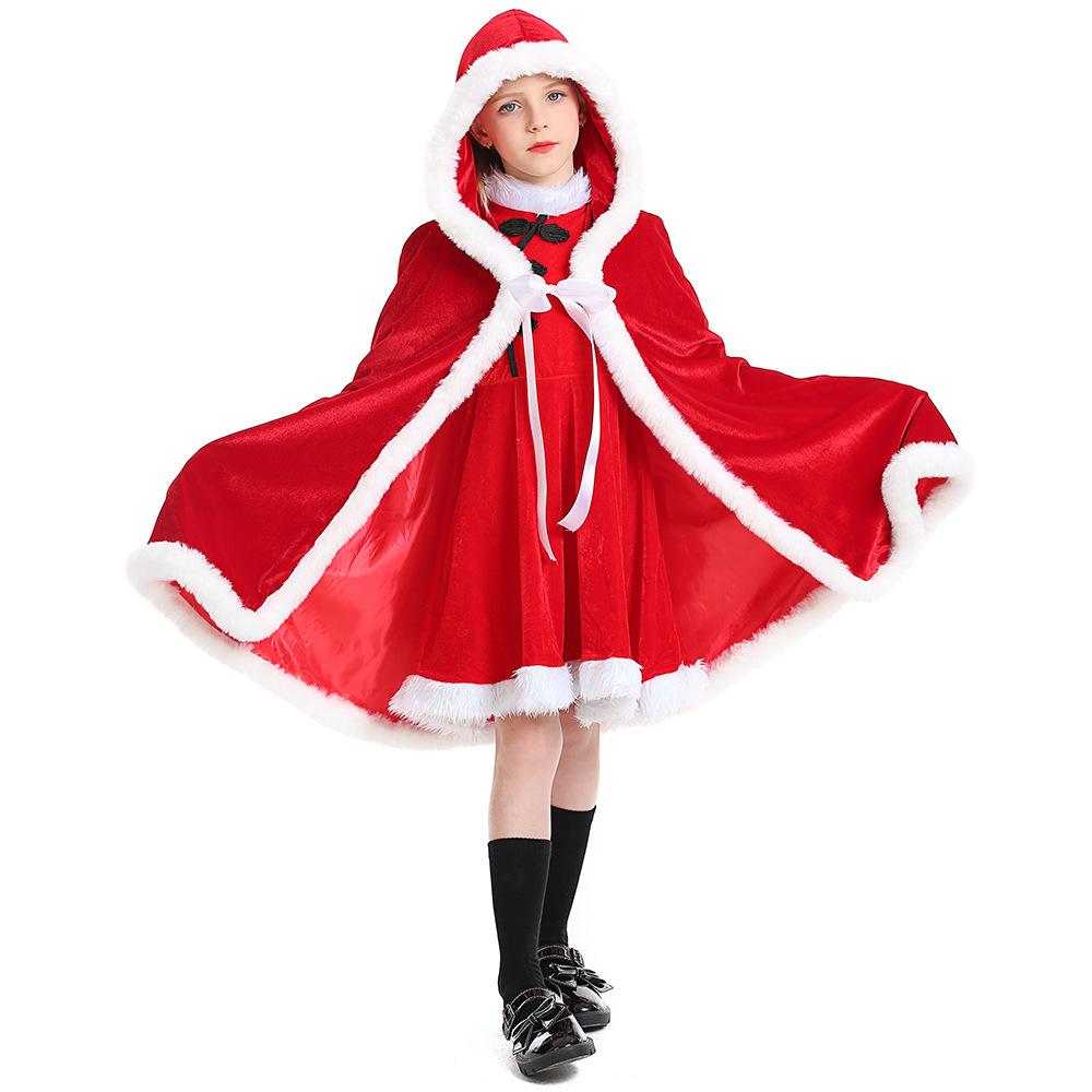 Kids Girls Santa Claus Xmas Red Hooded Dress Cloak Sets Children Christmas New Year Cosplay Costumes Kindergarten Performance Role Play Outfit