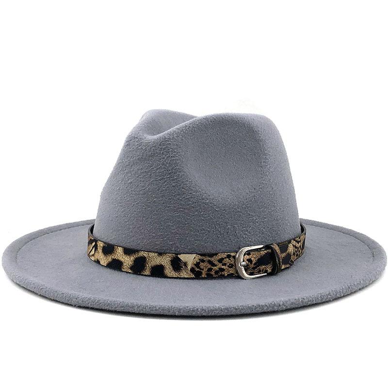Fashion leopard print belt woolen top hat ladies jazz hat autumn and winter versatile felt hat flat edge top hat church hat
