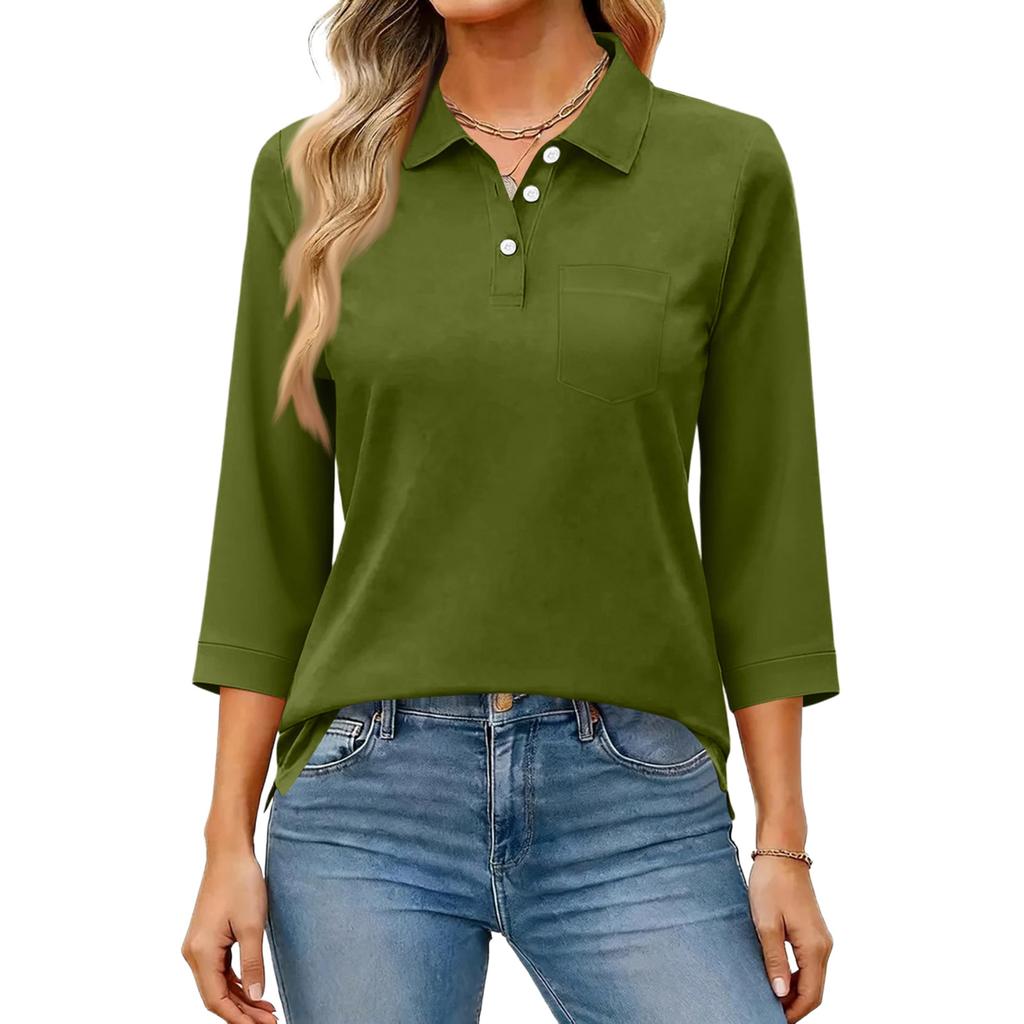 Damen Mode Lässig Revers Kurz 3/4 Ärmel Farbe Hemd Damen Knopfleiste Oberteile