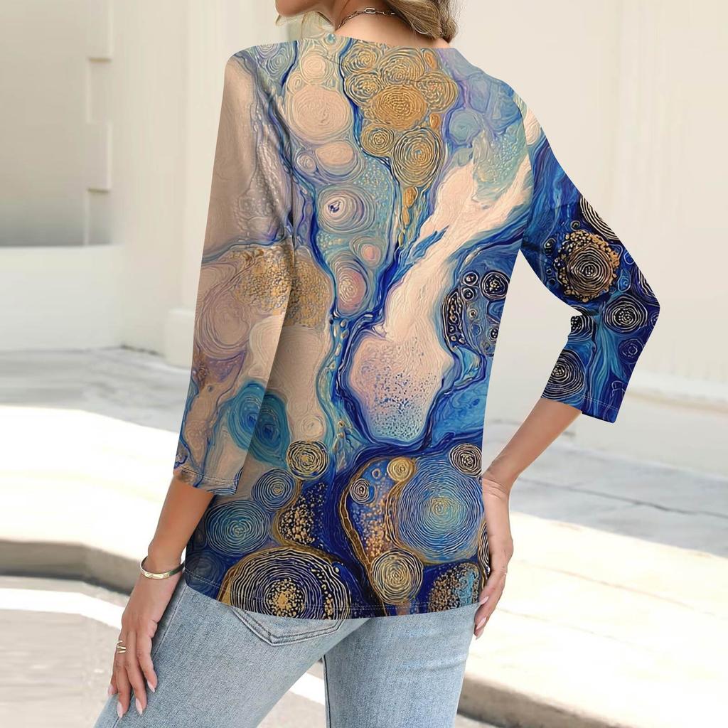Damenmode Lässiges bedrucktes Button-down-Hemd 3/4 lange Ärmel Oberteile
