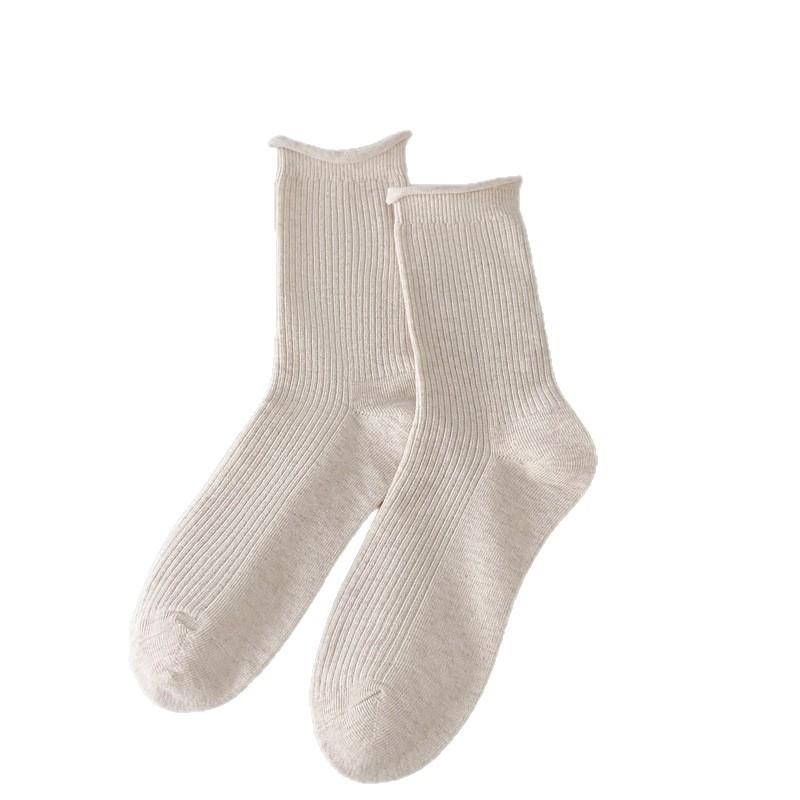 Rolowane Skarpety z Puszystej Bawełny dla Kobiet, Skarpety Bawełniane do Połowy Łydki Jednokolorowe na Wiosnę i Jesień, Beżowe Proste i Uniwersalne Długie Skarpety, Lato