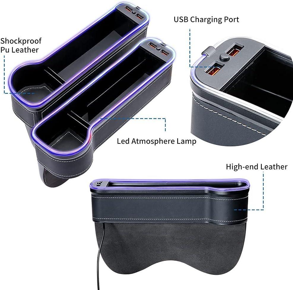 Riempitivo Fessura Sedile Auto Portabicchieri LED Cambia Colore 7 Colori Scatola Organizer Portaoggetti Fessura Auto Con Caricatore 2Usb Accessori Auto