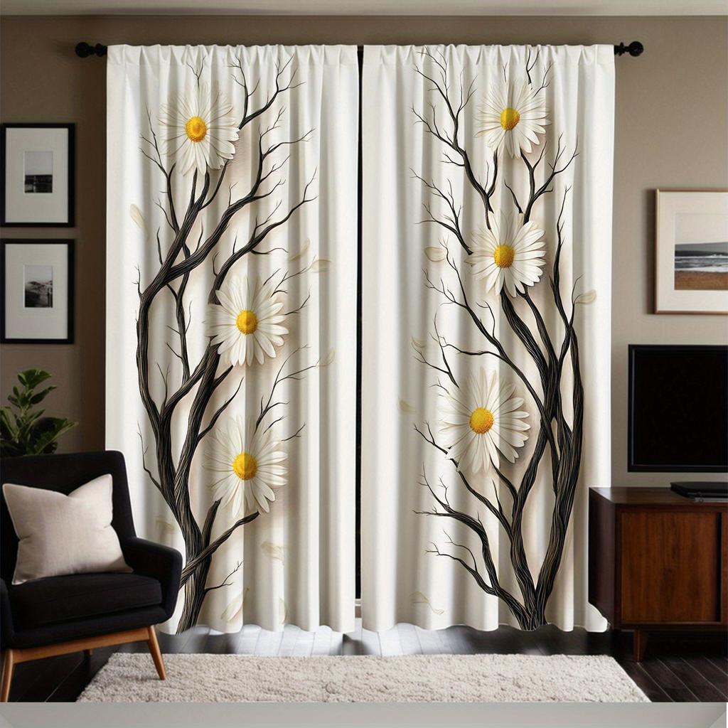 Black Twig Daisy Flower Pattern Curtains Polyester Fabric Suitable Bedroom Living Room Decoration Curtain Made Of Washable Area Ready