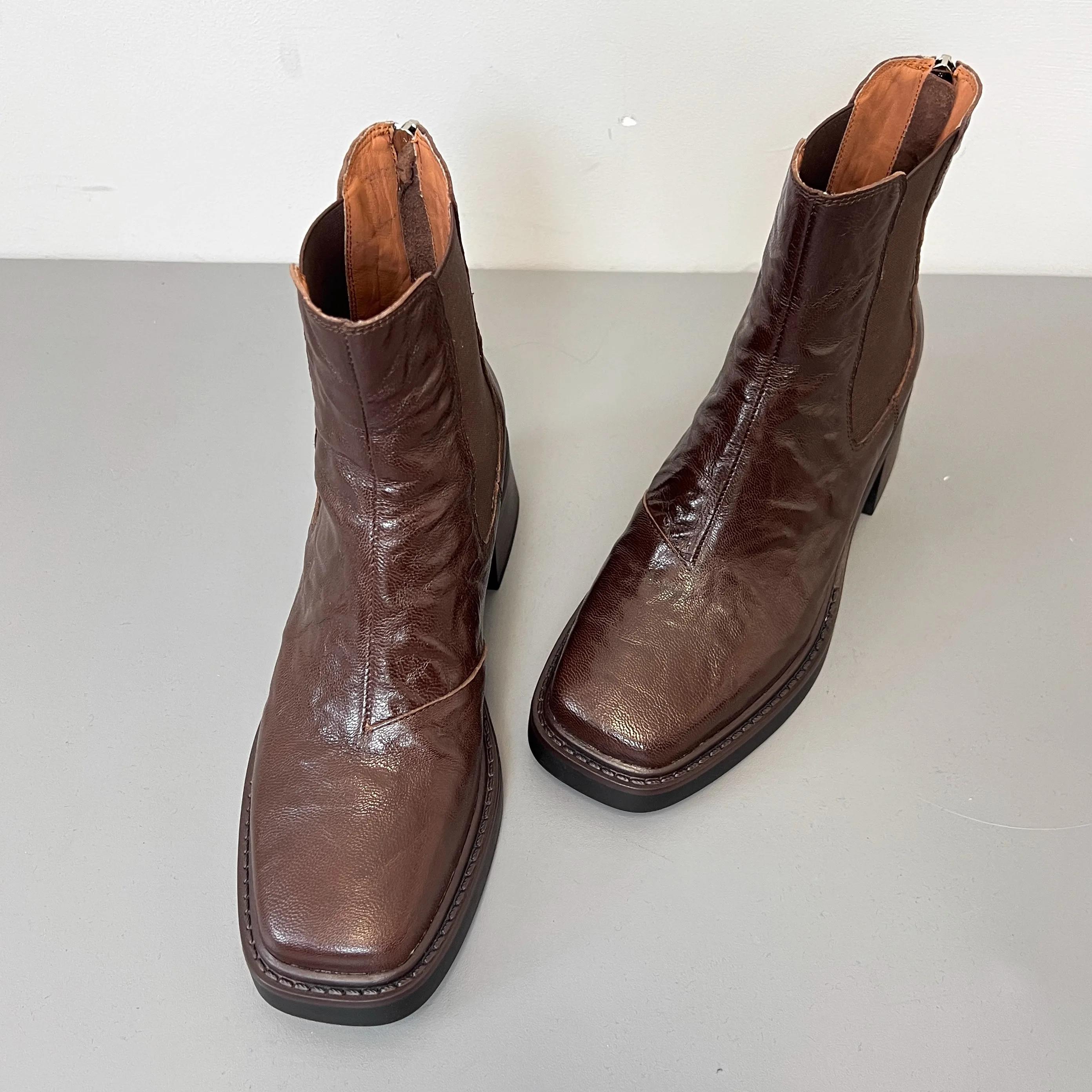 

Высокие каблуки женские ботильоны челси массивные элегантные туфли женские 2025 тренд зимние новые офисные туфли туфли-лодочки мотоциклетные ботинки женские 40 темно-коричневого