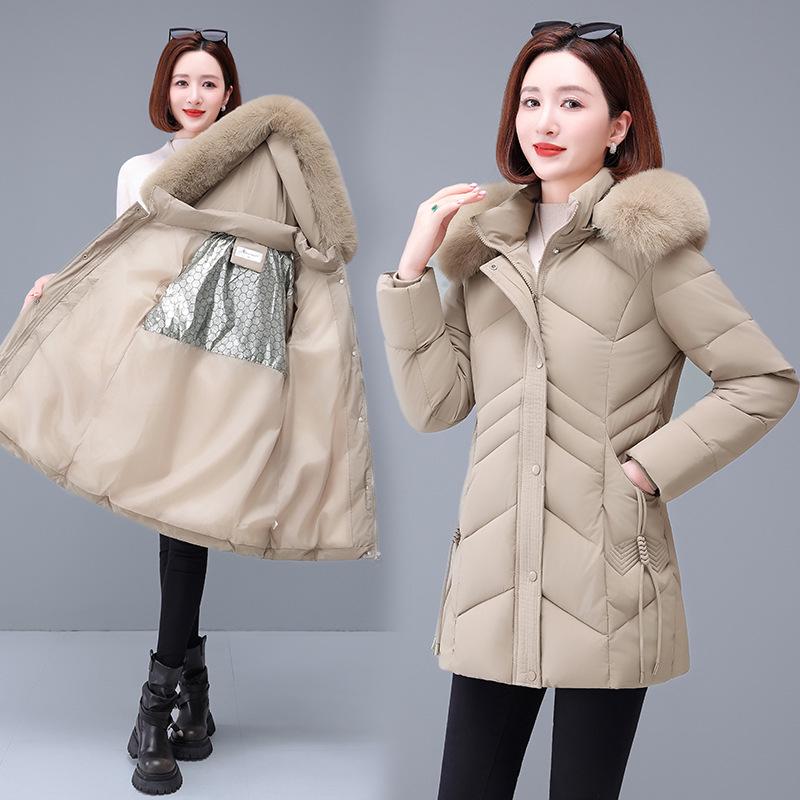 Women's Mid-Length Slimming Down Cotton Jacket with Large Fur Collar - Winter Padded Coat for Mothers & Elderly.