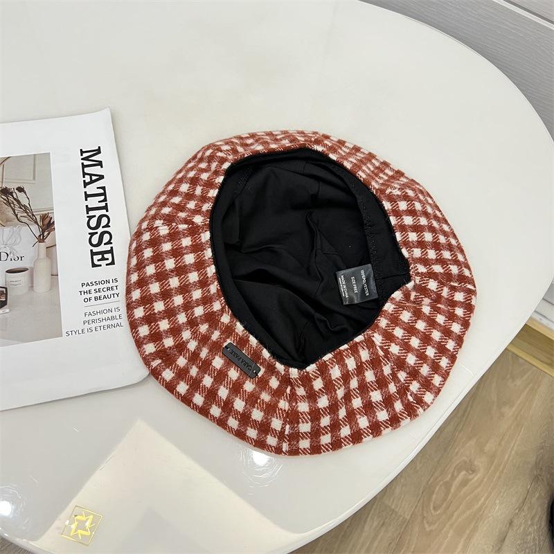 Pastoral Fine Checkerboard Woolen Octagonal Hat Lady Autumn and Winter Face Small Clouds Beret Painter Hat