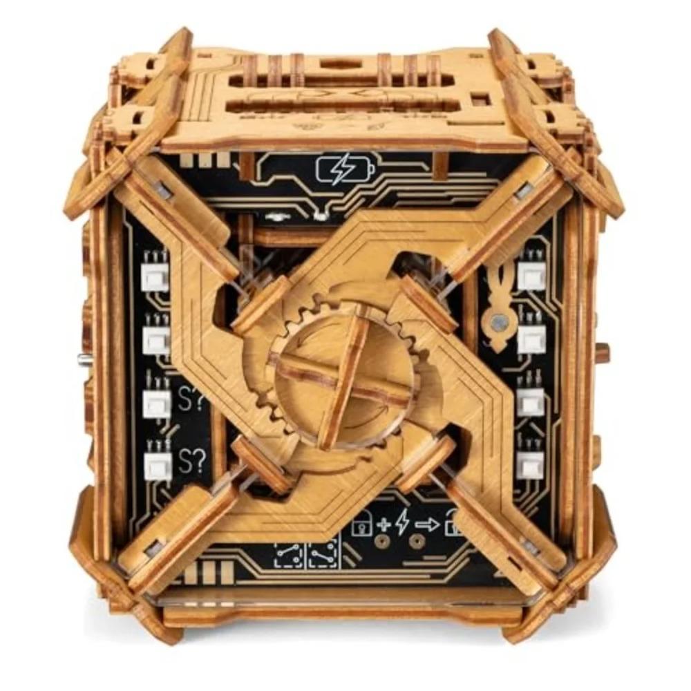 Escape room game in a box: 3D wooden puzzle box for adults, natural wood color, electronic brain teaser with hidden compartment