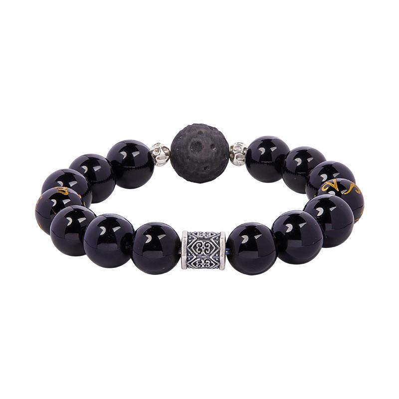 Obsidian Six Syllable Mantra Black Agate Bead Bracelet Men Vintage Minimalist Premium Jewelry