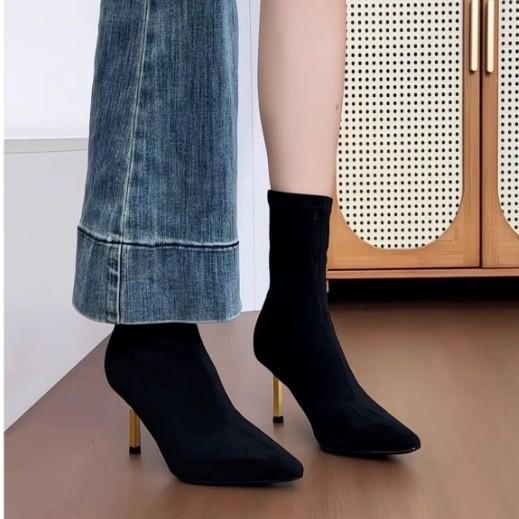 Winter thin boots women's banquet high heel boots Internet celebrity black thin heel tube elastic boots personality pointed versatile