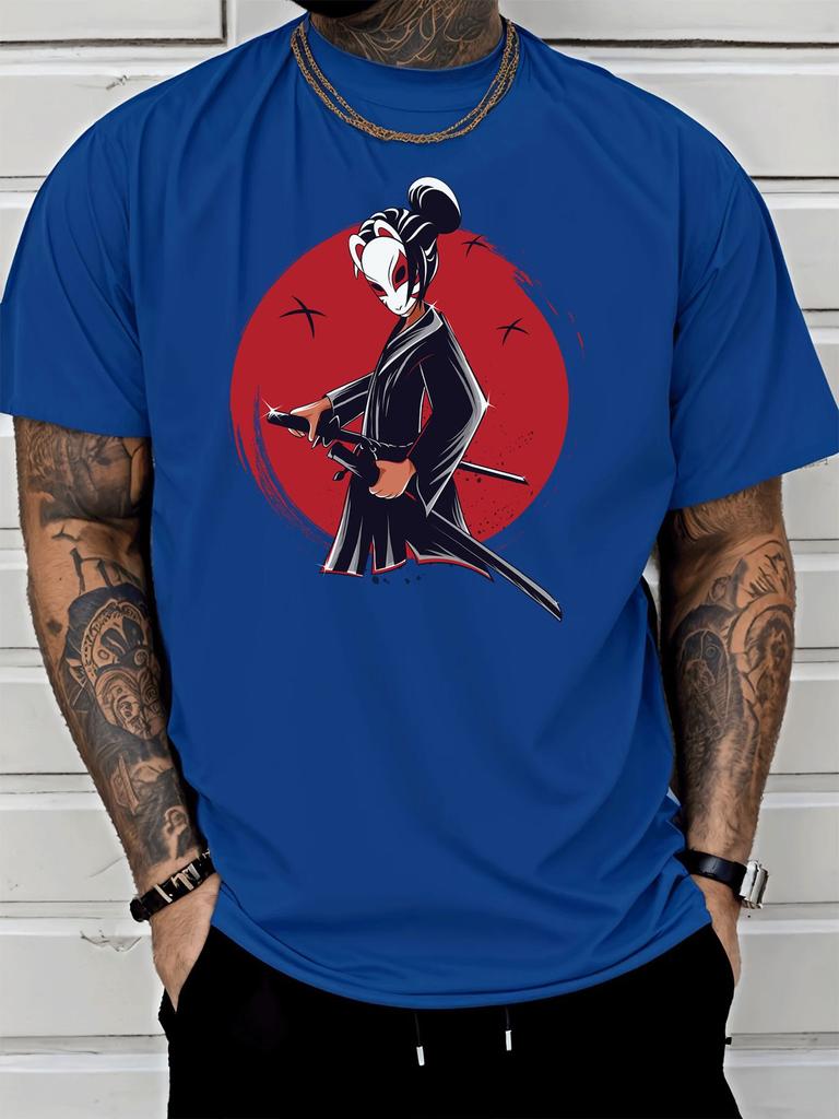 Unisex White Crew Neck Tee Masked Samurai Warrior Print Oversized Short Sleeve Unisexs Summer Streetwear Casual Daily Basic Wear Top