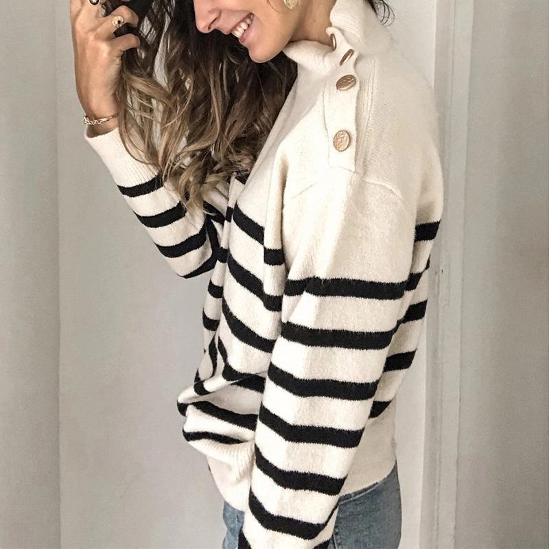 

Autumn Contrast Color Loose Fashion Striped Turtleneck Pullover Jacket Women s Side Strap Buckle Top S