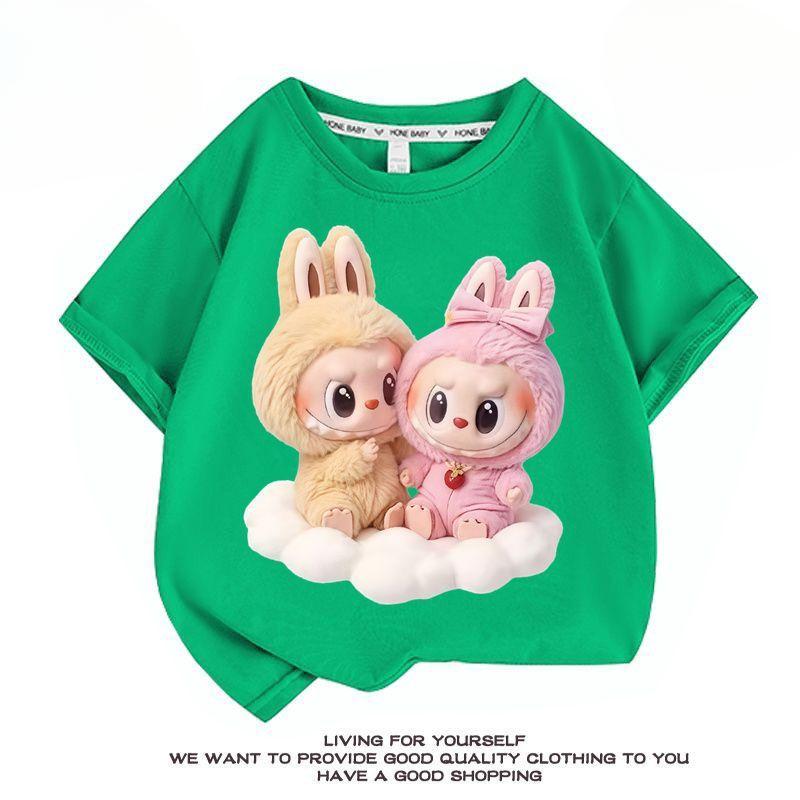 

Cute Pure Cotton Labubu Short-sleeved T-shirt for Girls, Fashionable Round-neck Top for Summer Children 160 темно-зеленого