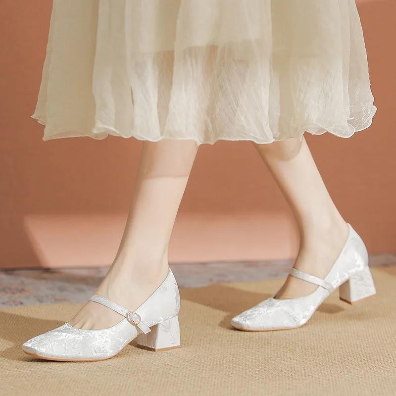 Spring Women High Heels Square Toe Mary Jane Pumps Summer Satin Party Wedding Ladies Solid Elegant Heels Zapatos Mujer
