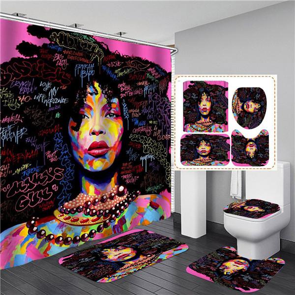 4PCS Full Set Bathroom Curtain Set Elegant African Black Woman Shower Curtain Hooks Modern Bath Mat Toilet Lid Cover Anti-slip Bath Mats
