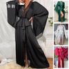 Satin-Pyjama Damen, Spitze leichte Luxus langärmelig kühl Nachthemd Bademantel Loungewear Damen