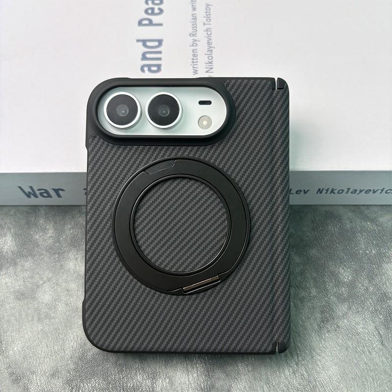 IPhone 18 Duo Foldable Phone Case With 360 Rotating Stand Magnetic Mid-Hinge Full-Body Leather Cover Anti-Drop Protection