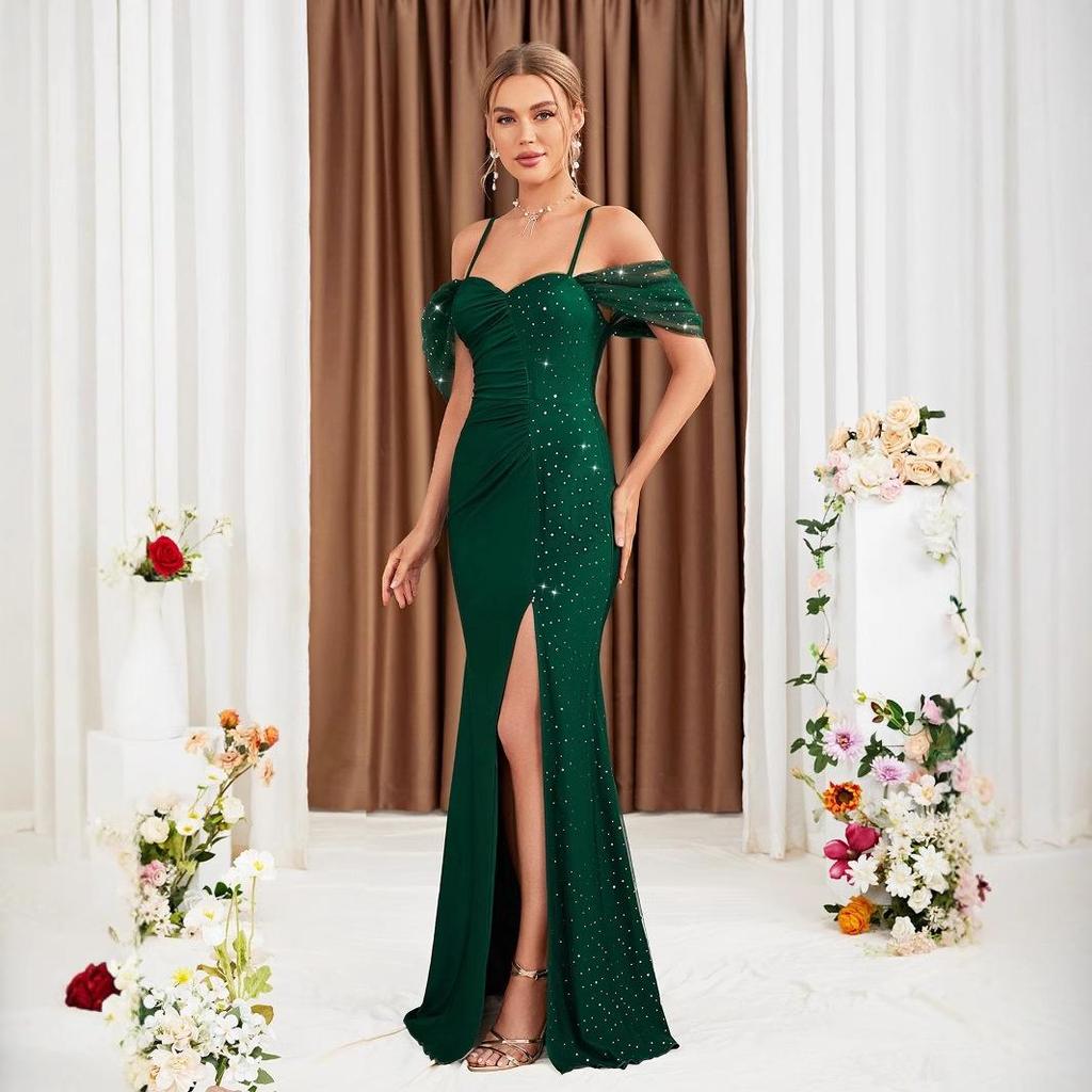 Off-Shoulder Spaghetti Strap Fishtail Evening Dress with Slit - New Slim Fit Gown for Annual Meeting or Special Events 2025