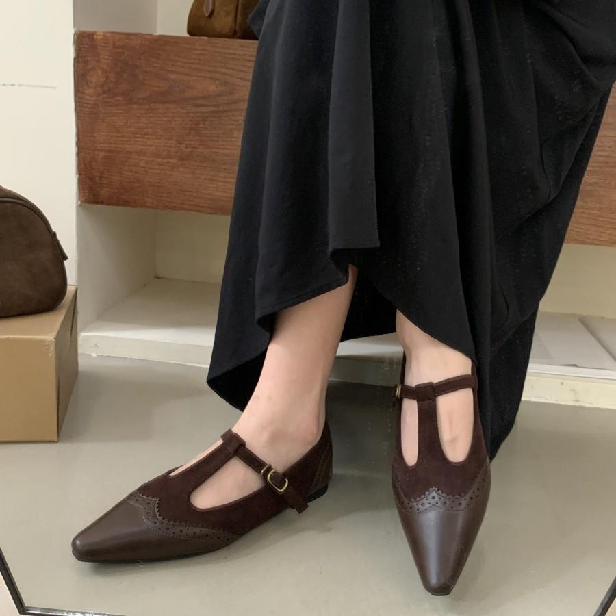 2025 autumn new French retro pointed head shallow mouth single shoes women's versatile low-heeled T-buckle with Mary Jane shoes