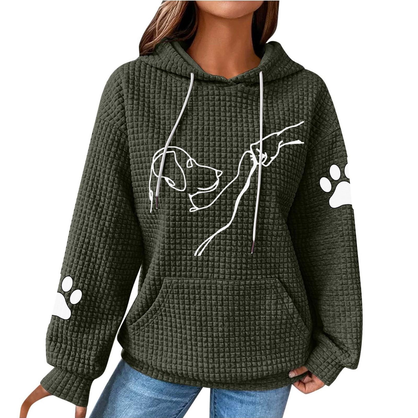 

Женская мода свободный джемпер с капюшоном и принтом собаки с длинным рукавом в клетку с капюшоном L армия зеленый
