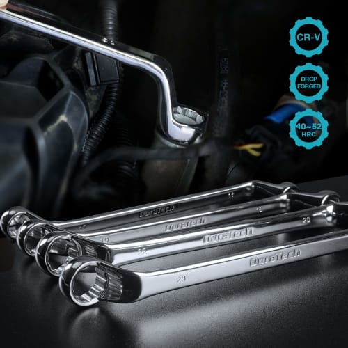 DURATECH Open End Wrench Set, Metric Size, Deep Offset, Mirror Finish, 75, 6-23mm, with Storage Pouch, 9-Piece Set