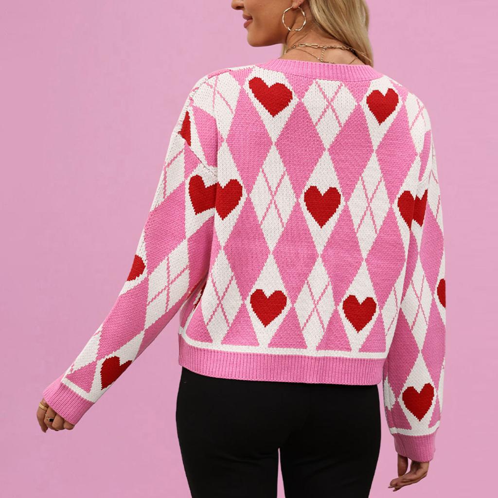 Women's Fashionable Round Neck Long Sleeved Heart-shaped Contrasting Button Casual Sweater Jacket