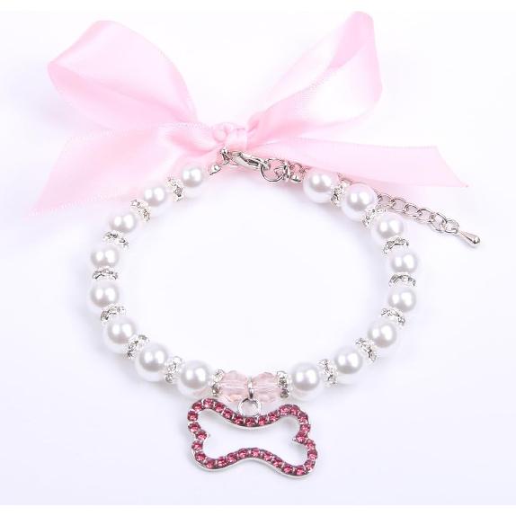 Dog Cat Pearls Necklace Collar with Rhinestones Bone Charm Pendant Pet Puppy Jewelry Accessory (Pink, Small)