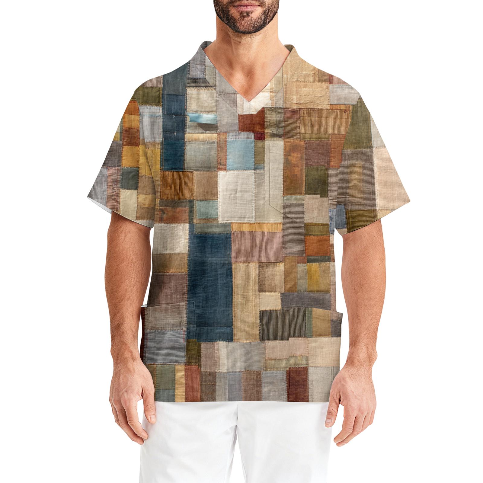 Men s Printing Short Sleeve V-neck Working Blouse Chest Pocket Carer Top L